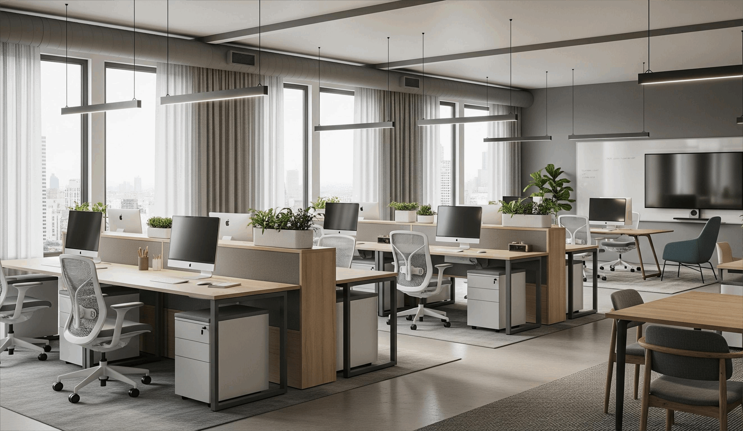 A spacious and contemporary coworking office at Infinity Business Centre in Kolkata, featuring rows of well-appointed desks with ergonomic chairs and dual monitors. The space is naturally lit by large windows with city views, complemented by modern lighting fixtures, ample greenery, and a distinct meeting or collaboration area, embodying a professional and inspiring work environment.