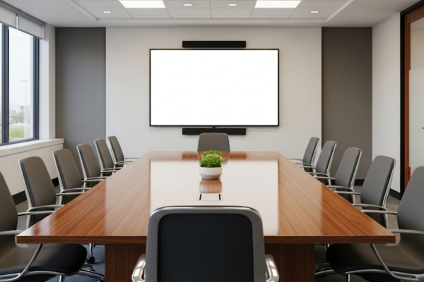 A modern corporate conference room with a large wooden table, chairs, and a screen on the wall.