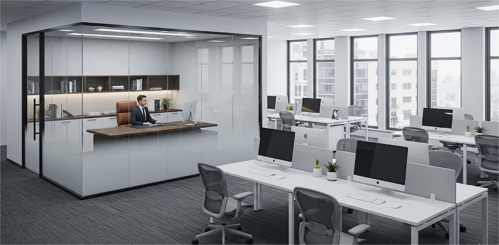 An open-plan office with multiple desks, computers, and a glass-walled private office with a man working.