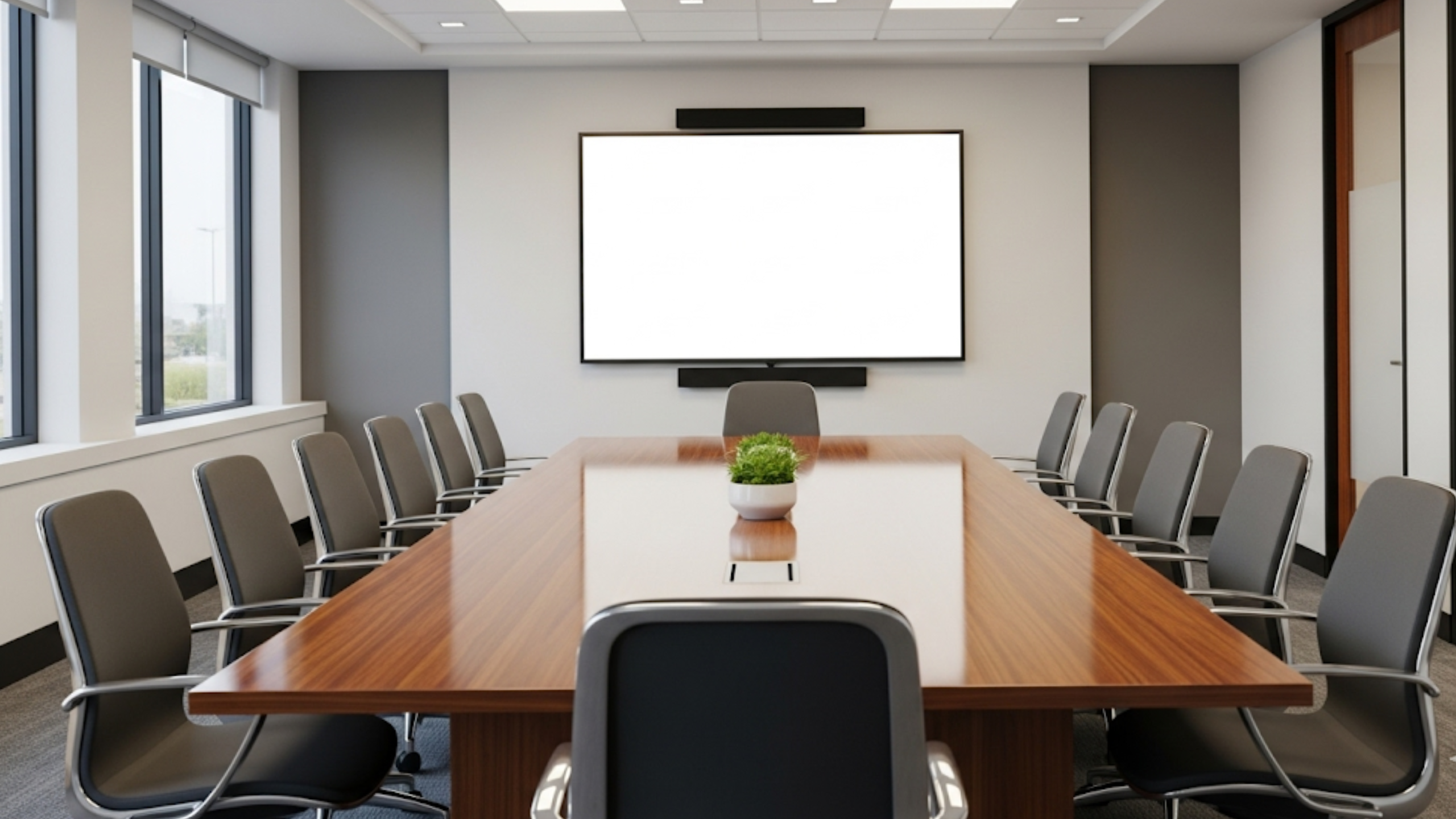 A modern corporate conference room with a large wooden table, chairs, and a screen on the wall.