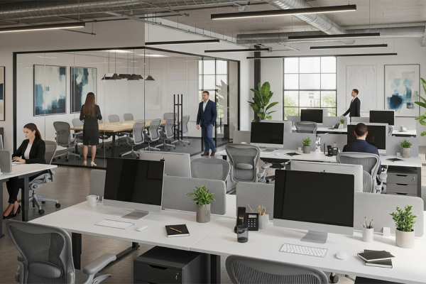 It's a modern, realistic office space with natural light, an open-plan layout, and minimalist desks. In the background, there's a glass-enclosed meeting room.
