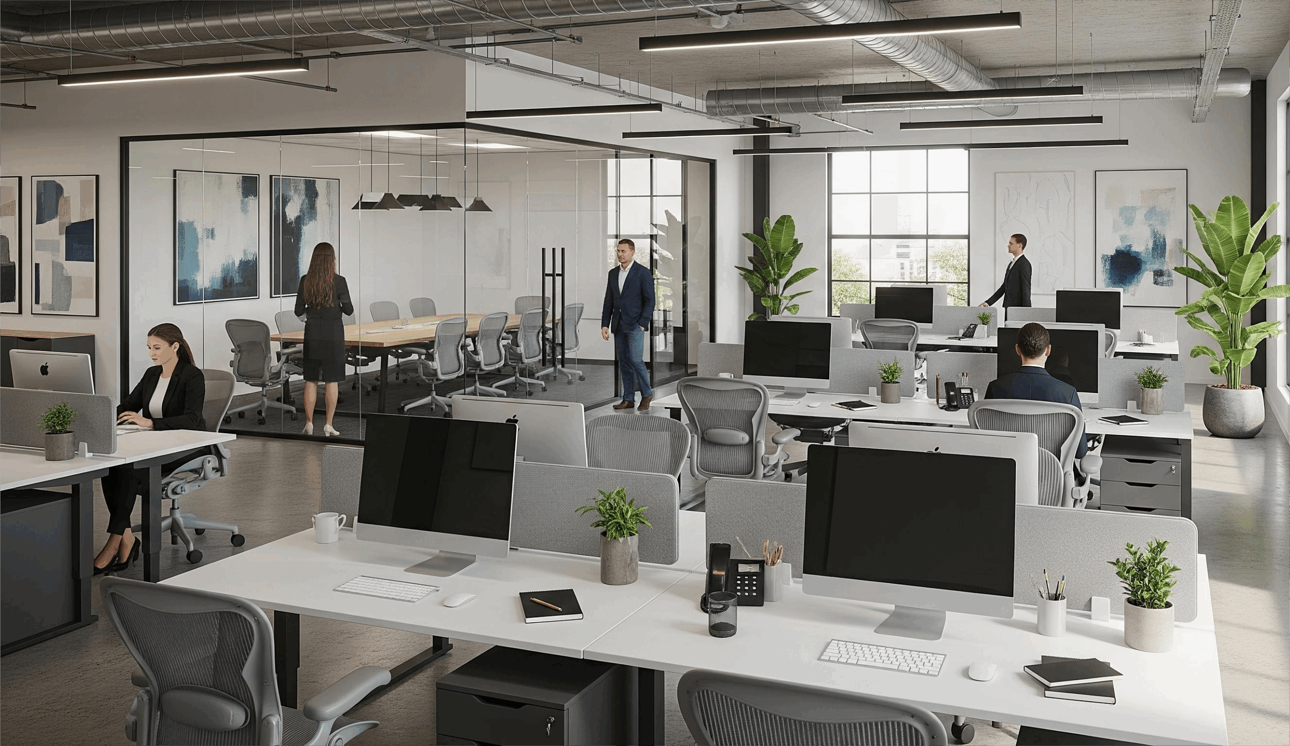 It's a modern, realistic office space with natural light, an open-plan layout, and minimalist desks. In the background, there's a glass-enclosed meeting room.