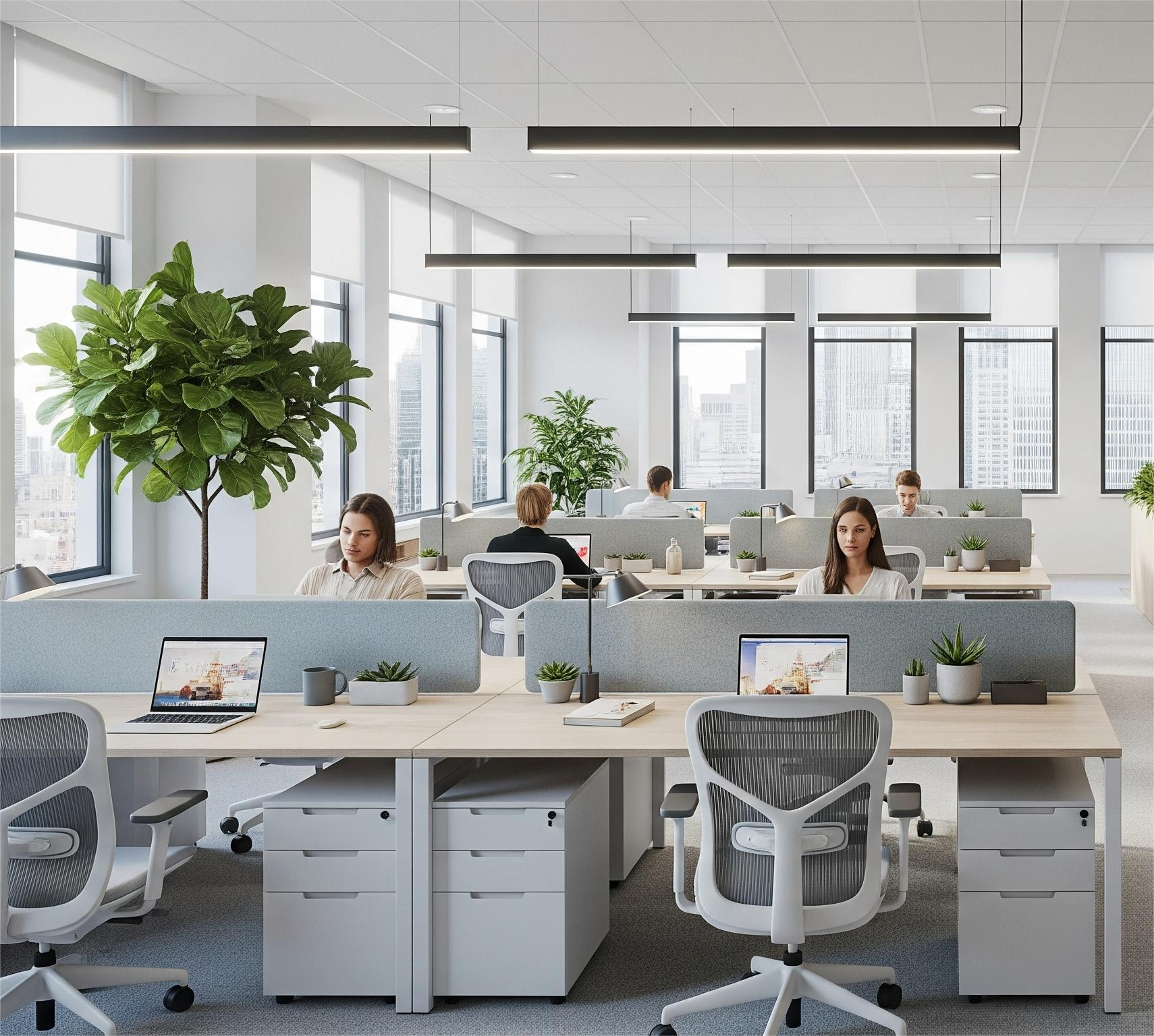 A bright, modern open-plan office at Infinity Business Centre in Kolkata, featuring employees working at ergonomic desks with laptops. The space is well-lit with large windows offering city views, and includes greenery and a comfortable, collaborative lounge area, reflecting a productive and inviting work environment.