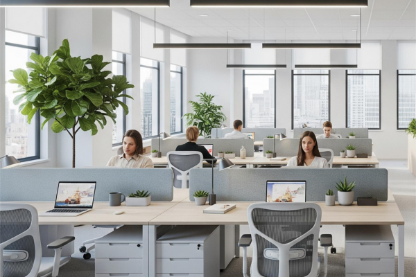 A bright, modern open-plan office at Infinity Business Centre in Kolkata, featuring employees working at ergonomic desks with laptops. The space is well-lit with large windows offering city views, and includes greenery and a comfortable, collaborative lounge area, reflecting a productive and inviting work environment.