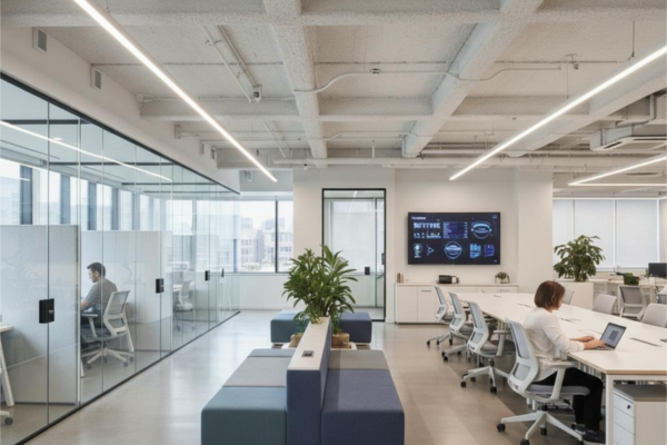 The modern and productive workspace at Infinity Business Centre, featuring a mix of open-plan shared desks and private, glass-walled office cabins.