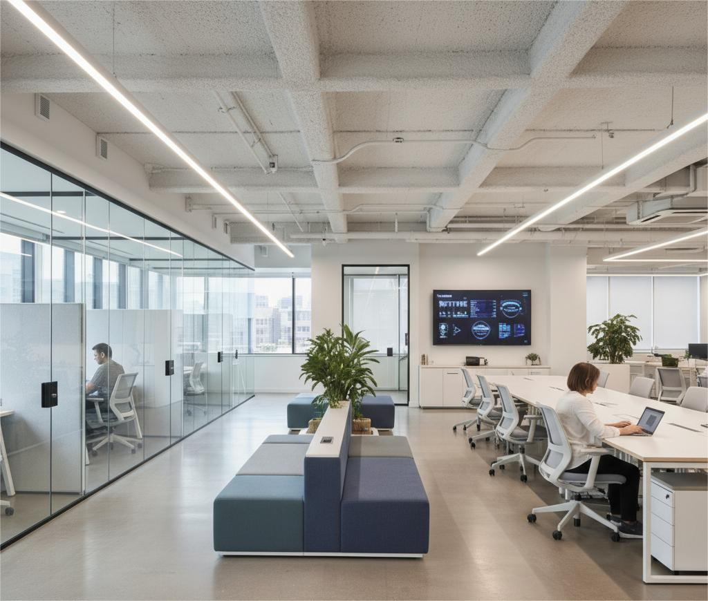 The modern and productive workspace at Infinity Business Centre, featuring a mix of open-plan shared desks and private, glass-walled office cabins.