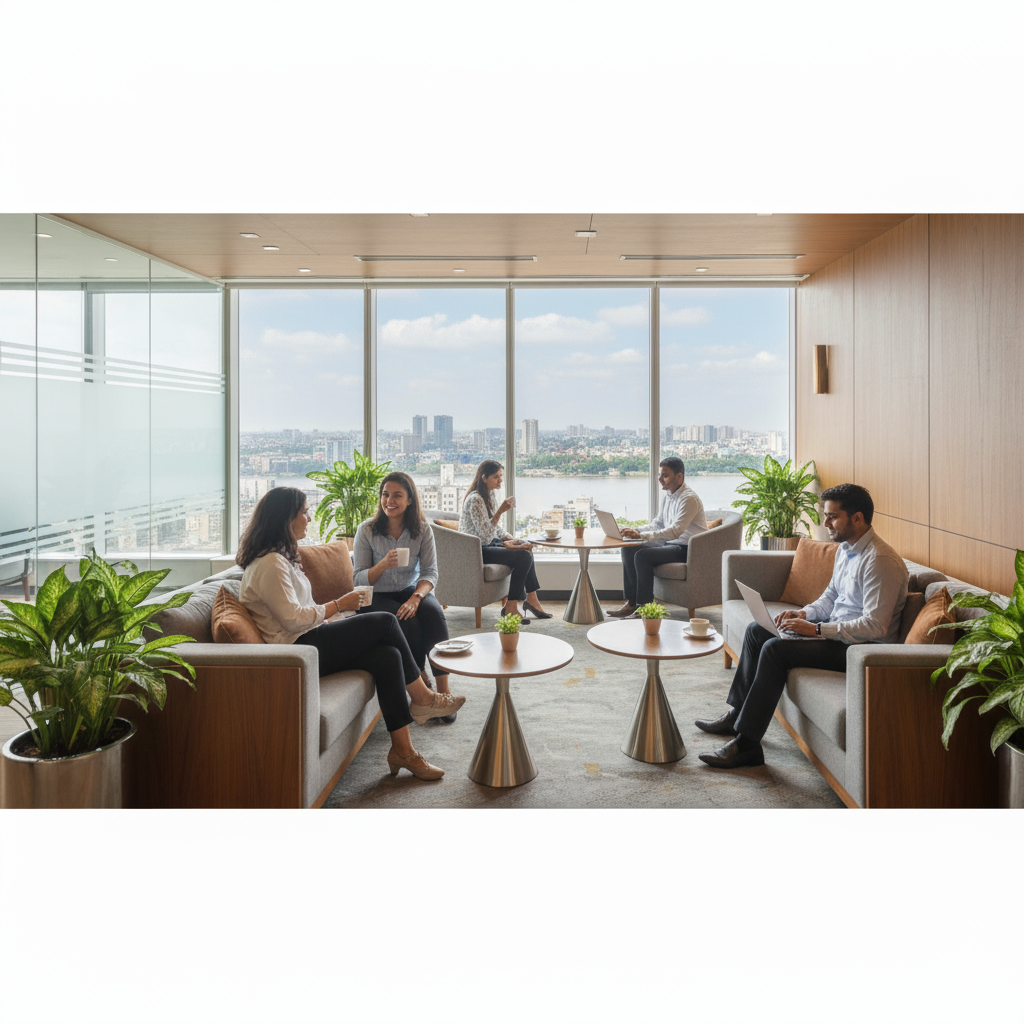Professionals collaborating in the vibrant lounge of a modern coworking space in Kolkata.
