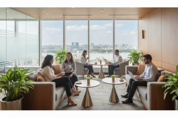 Professionals collaborating in the vibrant lounge of a modern coworking space in Kolkata.