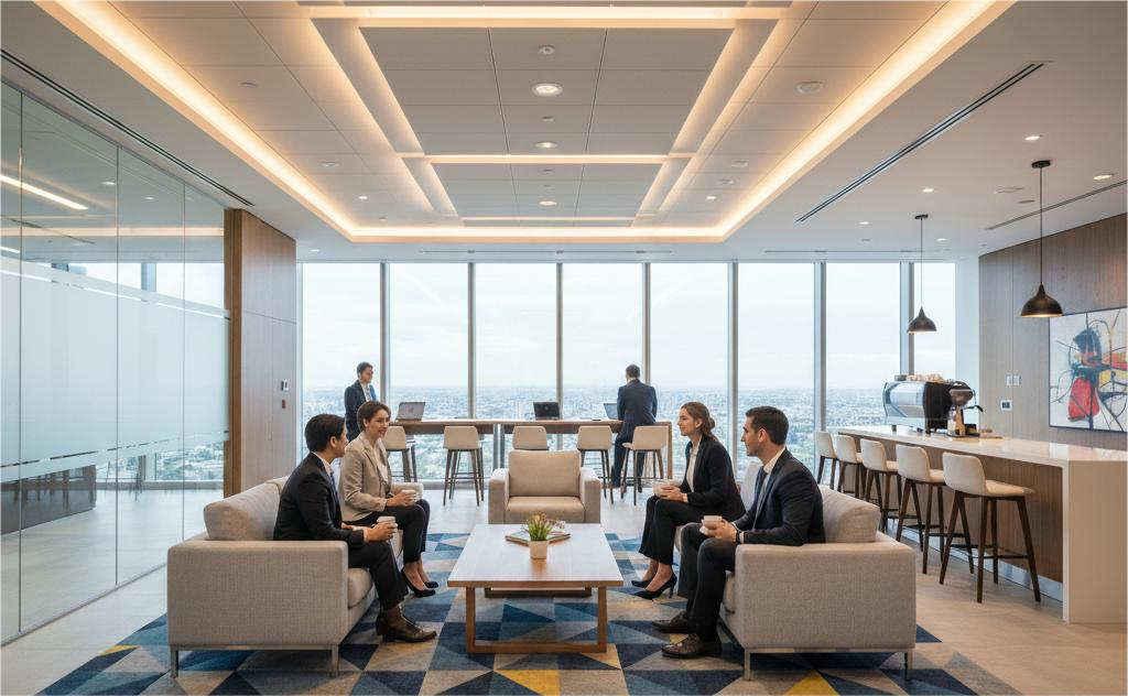 Professionals collaborating in the vibrant lounge of a modern coworking space in Kolkata.