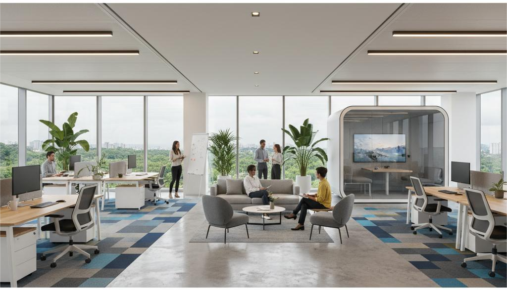 Professionals collaborating in the vibrant lounge of a modern coworking space in Kolkata.