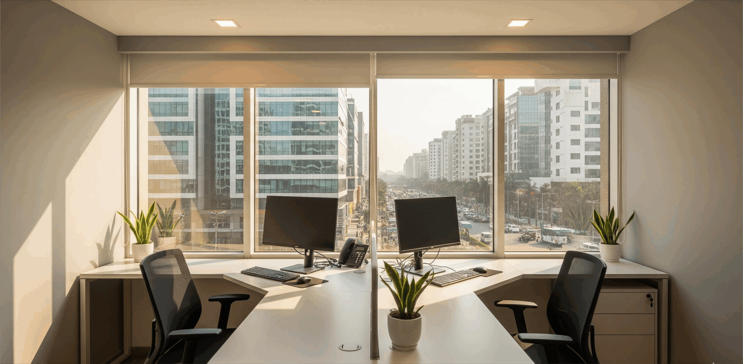 Two-person workstation setup at Infinity Business Centre, a leading Commercial Office Space in Kolkata.