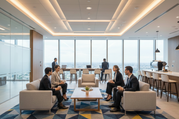 Professionals collaborating in the vibrant lounge of a modern coworking space in Kolkata.