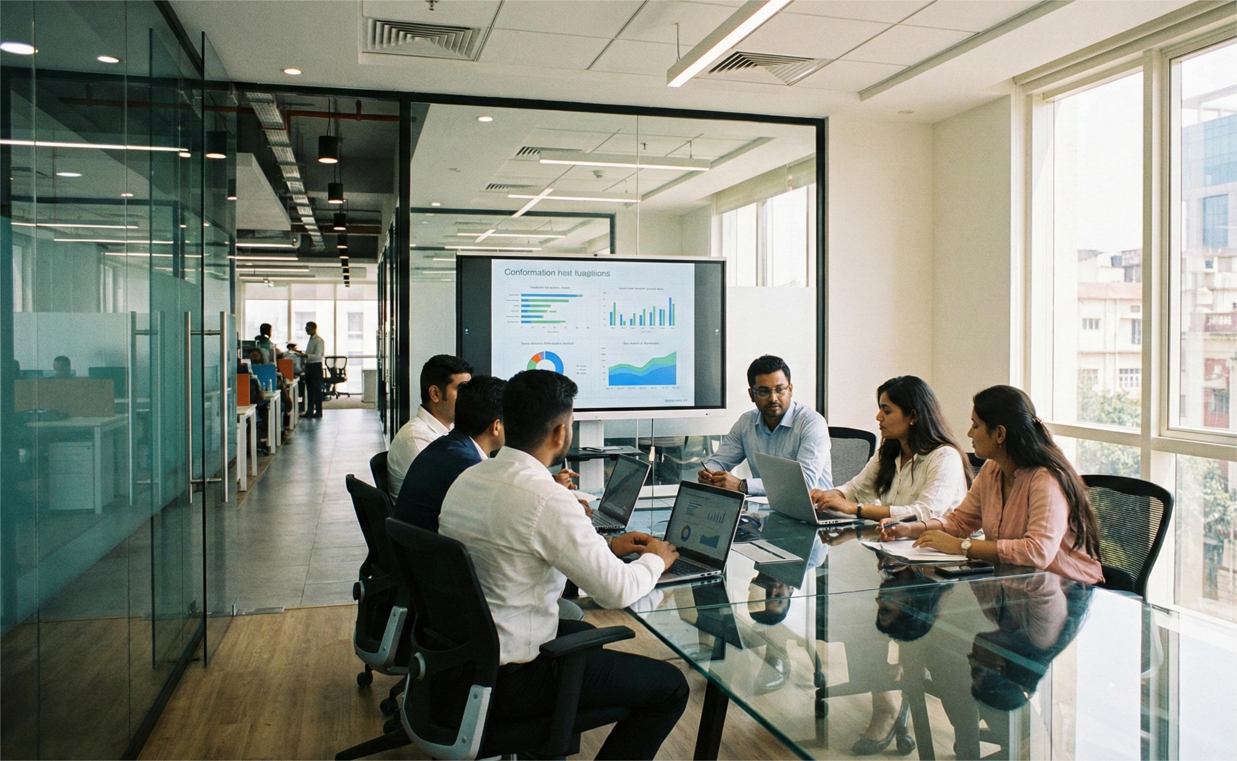 Professionals holding a strategy meeting in a fully equipped conference room at a business centre in Kolkata.