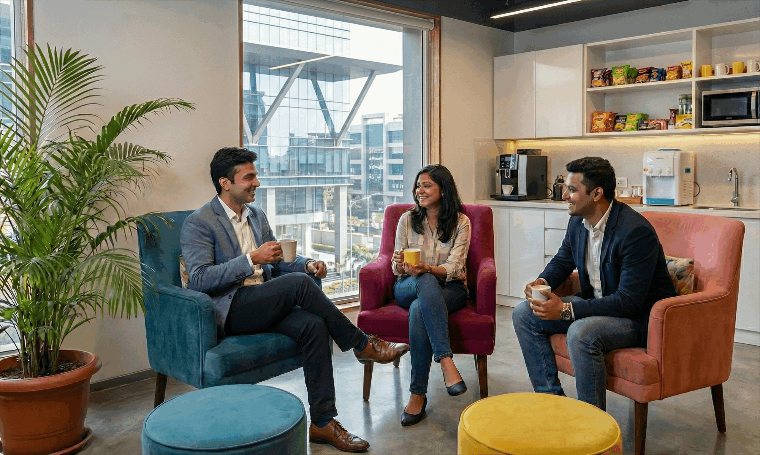 Startup founders networking in a modern coworking space lounge, highlighting the community benefits of commercial office space for rent.