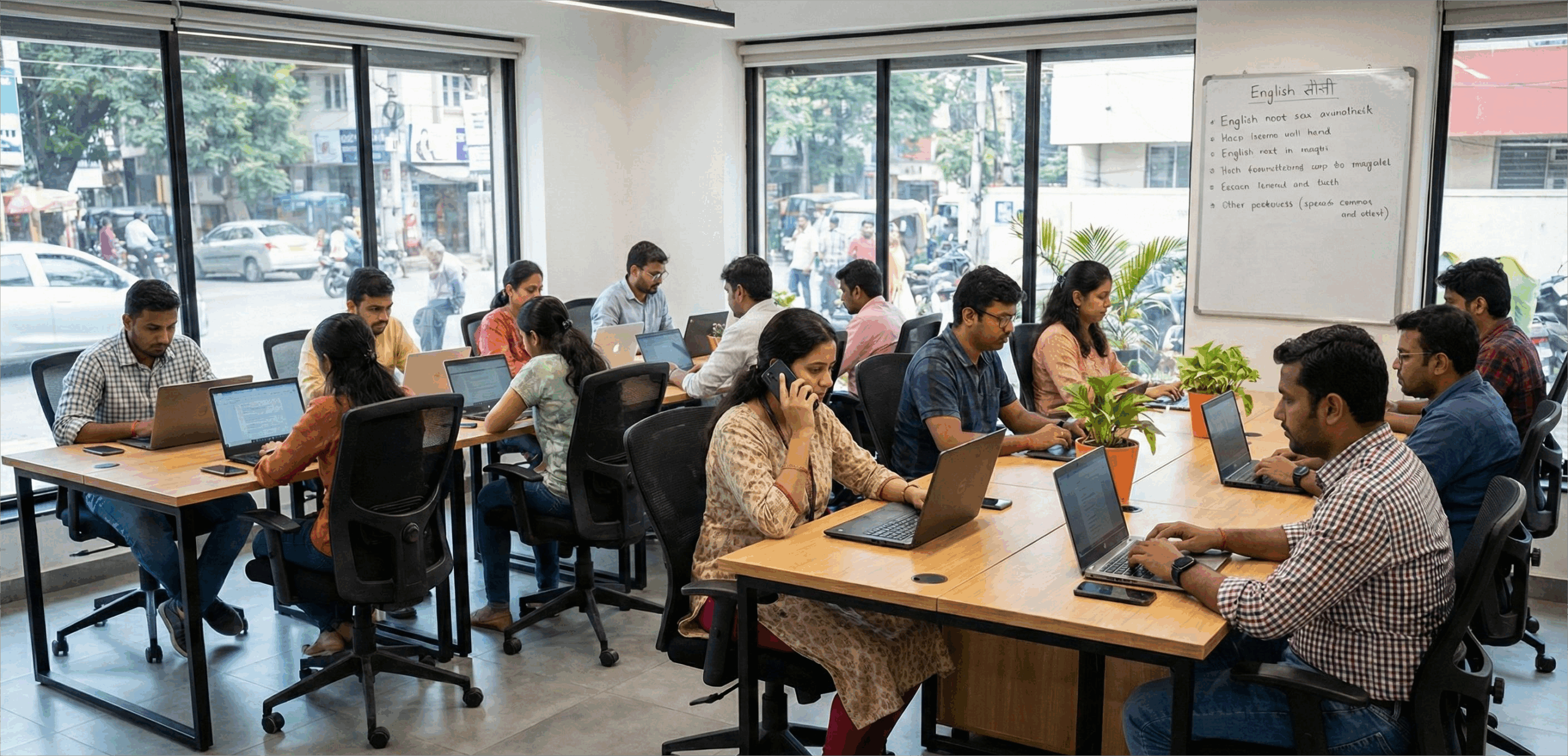 Indian professionals working on laptops in a modern, sunlit coworking lounge with ergonomic furniture and a city skyline view through floor-to-ceiling glass windows.