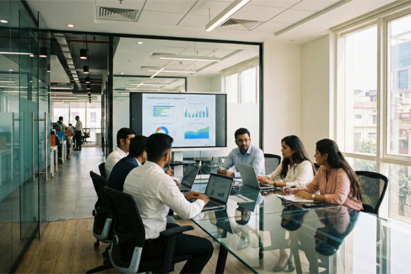 Professionals holding a strategy meeting in a fully equipped conference room at a business centre in Kolkata.