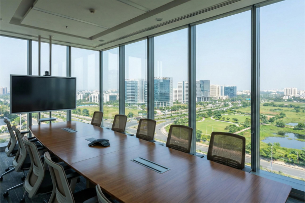 Modern meeting room in Salt Lake Sector V with a view of the Kolkata skyline, ideal for client presentations.