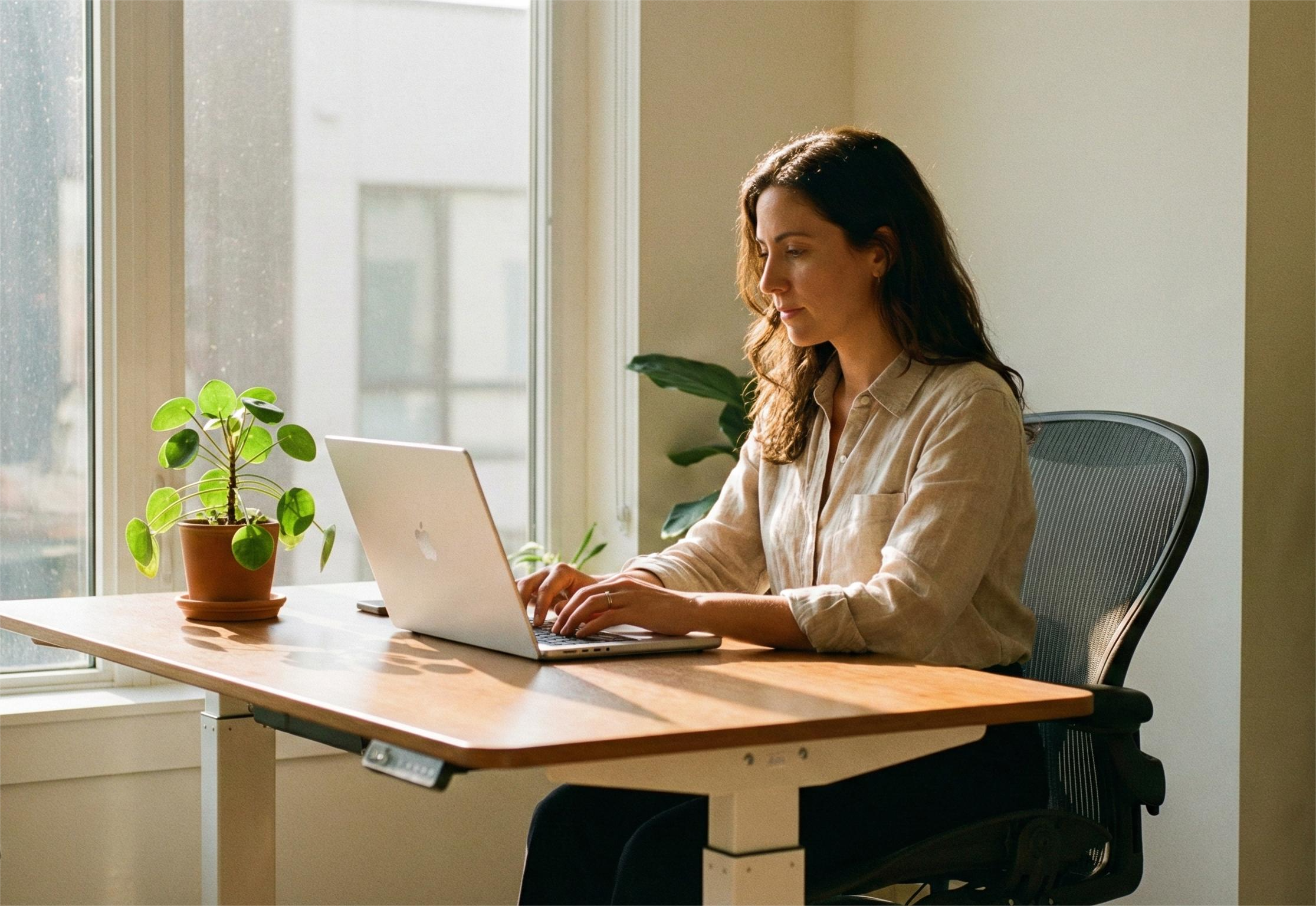 Focused professional working in a fully furnished office space for rent in Kolkata, utilising natural light for productivity.