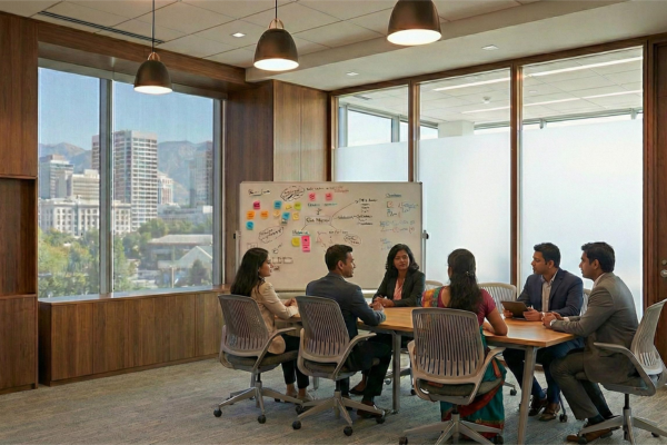 Team collaborating in a modern meeting room at Infinity Business Centre, Salt Lake Sector V, Kolkata skyline view.