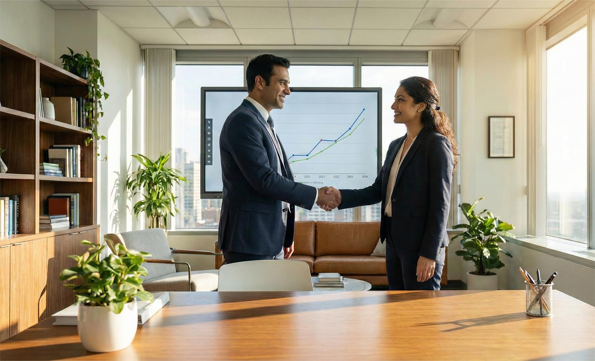 Fully furnished office on rent showing professionals concluding a successful meeting in a private cabin.