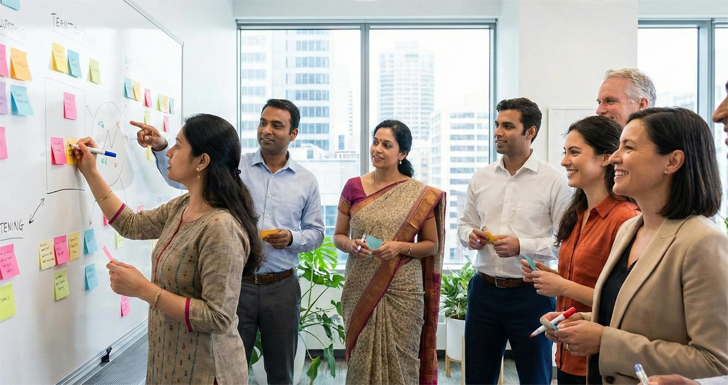 Collaborative team brainstorming session in a modern office space meeting room in Kolkata.