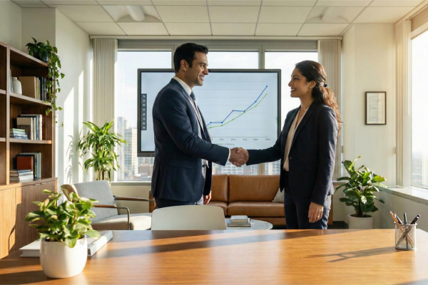 Fully furnished office on rent showing professionals concluding a successful meeting in a private cabin.